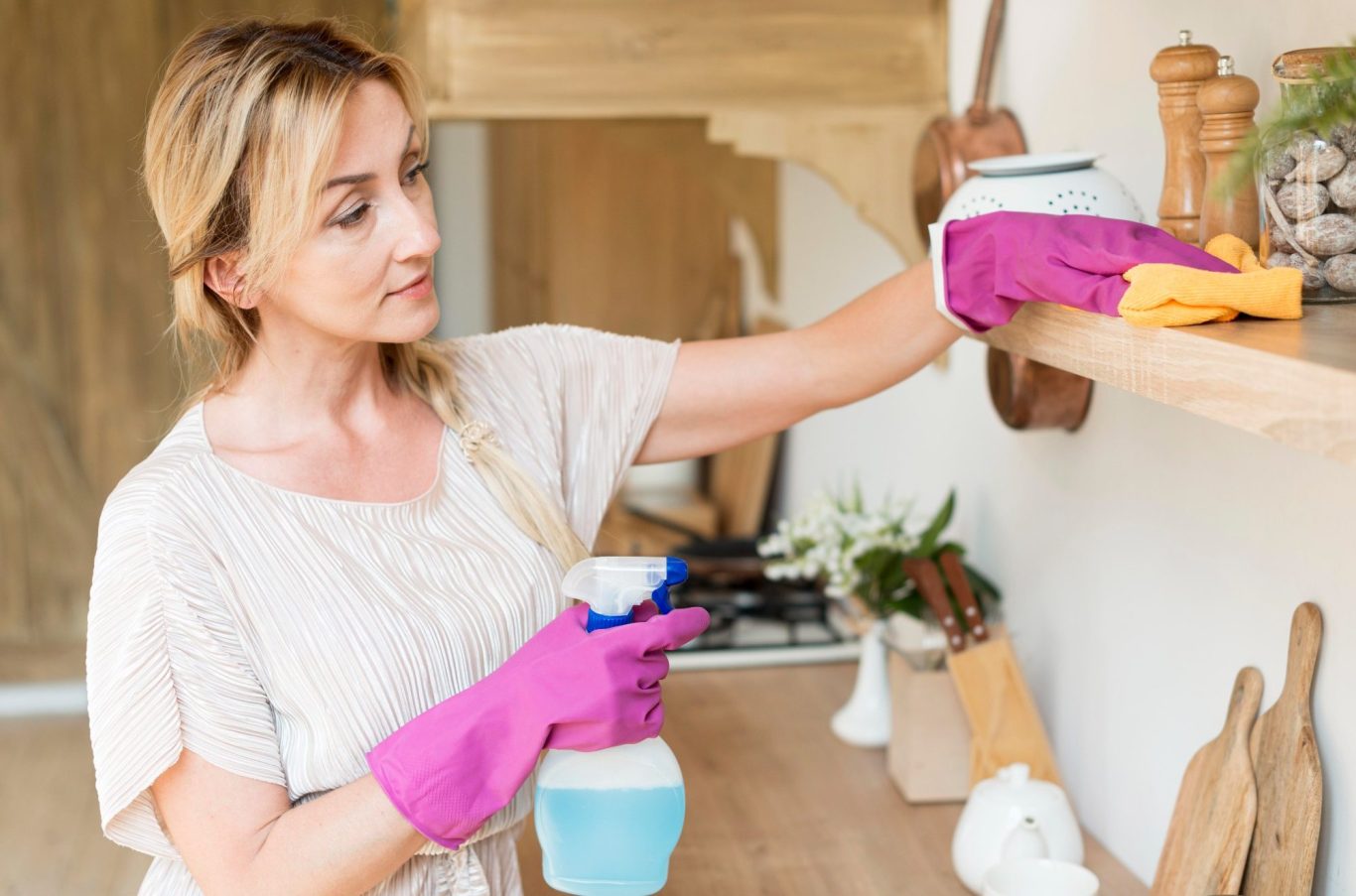 Frau mit pinken Handschuhen reinigt ein Regal mit einem Spray und einem Tuch.